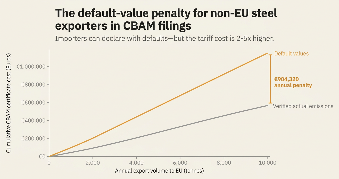 The default-value penalty for non-EU steel exporters in CBAM filings