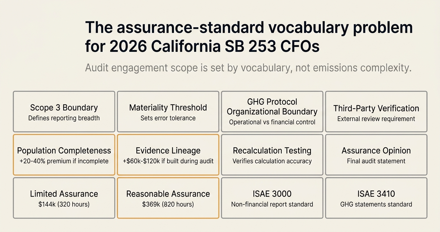 The assurance-standard vocabulary problem for 2026 California SB 253 CFOs