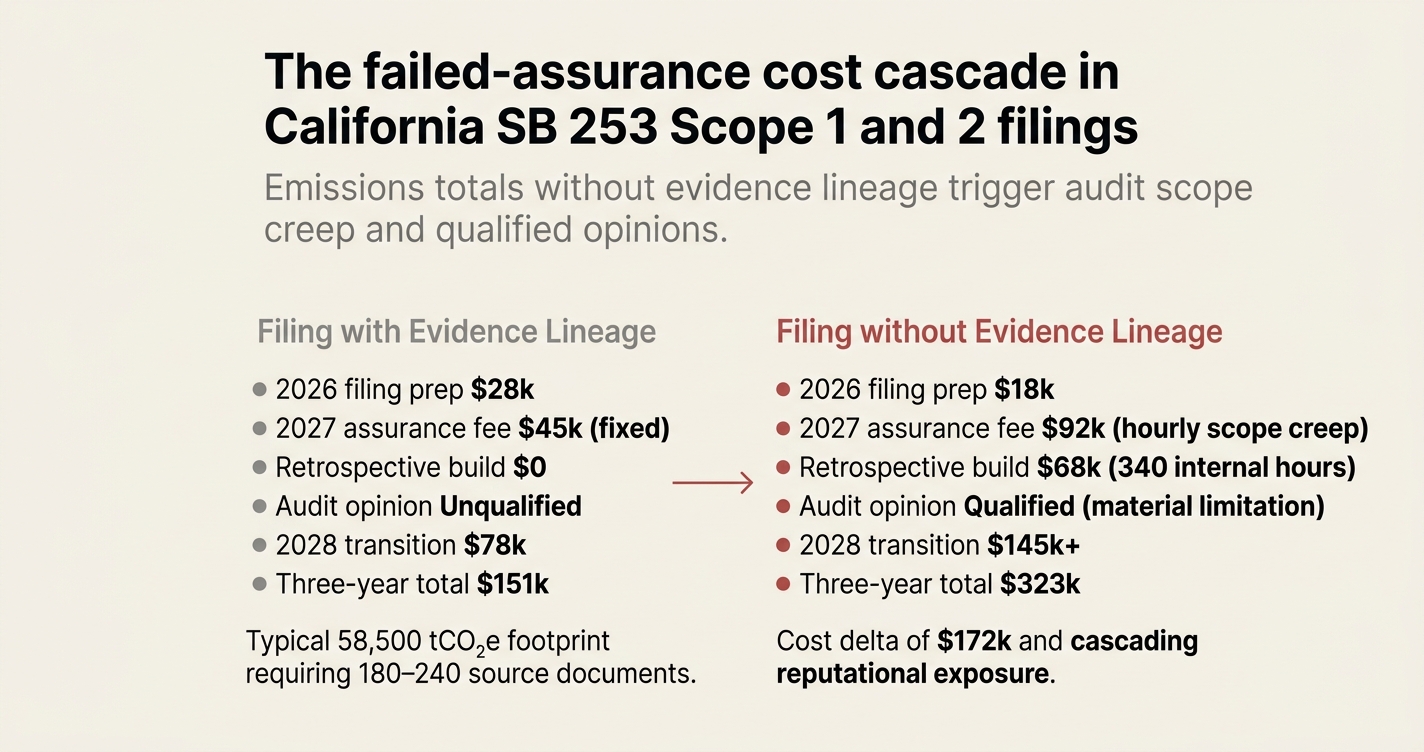 The failed-assurance cost cascade in California SB 253 Scope 1 and 2 filings