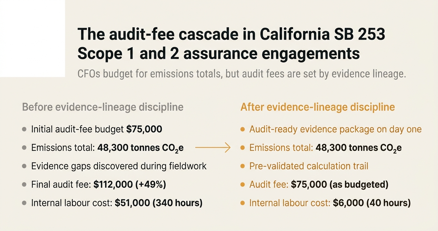 The audit-fee cascade in California SB 253 Scope 1 and 2 assurance engagements