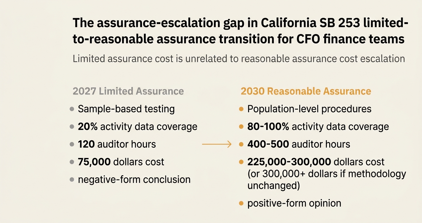 The assurance-escalation gap in California SB 253 limited-to-reasonable assurance transition for CFO finance teams