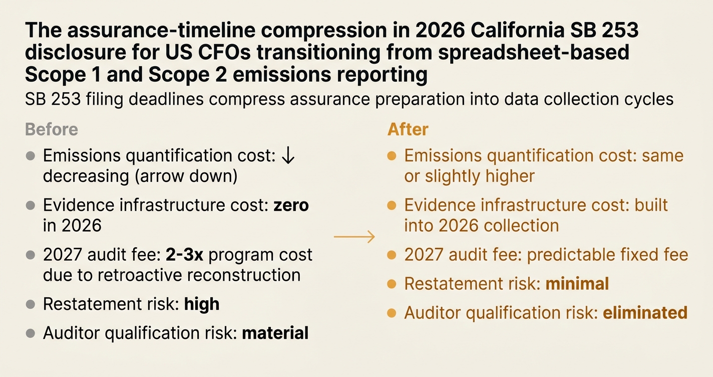 The assurance-timeline compression in 2026 California SB 253 disclosure for US CFOs transitioning from spreadsheet-based Scope 1 and Scope 2 emissions reporting